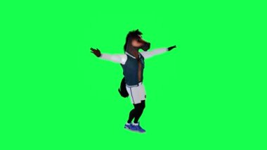 Eşofmanlı üç boyutlu animasyon at yeşil ekranda sol açıdan dans ediyor ve tepiniyor. Arka planda yürüyen üç boyutlu insanlar krom anahtar görsel efekt animasyonu.