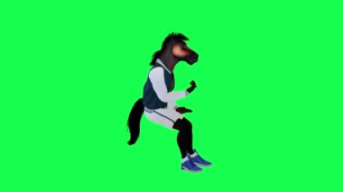Sporcu antropomorfik at arkadaşını arar ve onunla konuşur. Yeşil ekranda sol açı, arka planda yürüyen üç boyutlu insanlar, görsel efekt animasyonu.