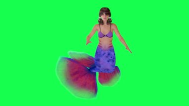 Yeşil ekranda zıt açılardan yüzen büyüleyici ve güzel büyülü deniz kızı. Arka planda yürüyen 3 boyutlu insanlar. Krom anahtar görsel efekt animasyonu.