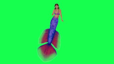 Sihirli kırmızı mavi deniz kızı yeşil ekran üzerinde zıt açılardan dilek diliyor ve hatırlıyor. arka planda yürüyen üç boyutlu insanlar krom anahtar görsel efekt animasyonu
