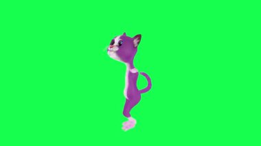 Animasyon konuşan mor kedi yeşil ekranda düz açıyla dans ediyor. Arka planda yürüyen 3 boyutlu insanlar. Görsel efekt animasyonu.