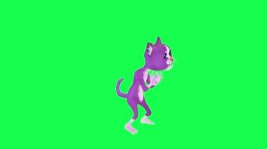 Mor 3D animasyon kedi dans kalçaları ve yeşil ekranda sol açıdan baş arka planda yürüyen üç boyutlu insanlar görsel efekt animasyonu