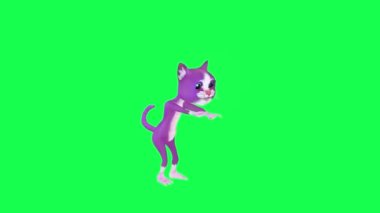 3D mor renkli konuşan kedi, yeşil ekranda sol açıdan kutuyu kapatıyor. Arka planda yürüyen üç boyutlu insanlar, krom anahtar görsel efekt animasyonu.