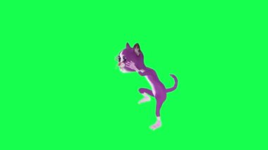 3D animasyon konuşan mor kedi yeşil ekran üzerinde dik bir açıdan merdivene tırmanıyor. Arka planda yürüyen üç boyutlu insanlar krom anahtar görsel efekt animasyonu