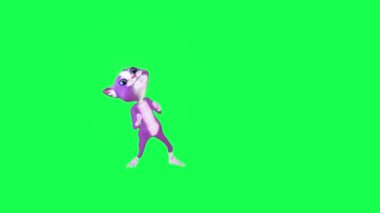 Konuşan mor kedi yeşil ekranda dik açıdan yumruklanıyor. Arka planda yürüyen 3 boyutlu insanlar krom anahtar görsel efekt animasyonu