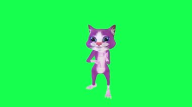 3D animasyon mor sihirli konuşan kedi yeşil ekranda zıt açıyla rap yapıyor arka planda yürüyen üç boyutlu insanlar krom anahtar görsel efekt animasyonu