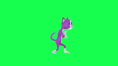 3D animasyon mor sihirli konuşan kedi yeşil ekranda sol açıdan rap yapıyor arka planda yürüyen üç boyutlu insanlar krom anahtar görsel efekt animasyonu