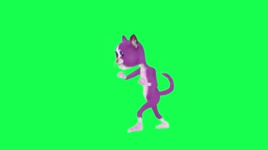 3D animasyon mor sihirli kedi dövüşü ve yeşil ekranda dik açıdan yumruklama 3 boyutlu arka plan krom anahtar görsel efekt animasyonu
