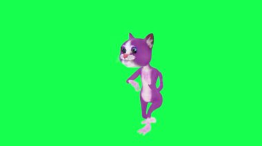 3D animasyon mor sihirli konuşan kedi yeşil ekranda dik açıdan rap yapıyor arka planda yürüyen üç boyutlu insanlar krom anahtar görsel efekt animasyonu