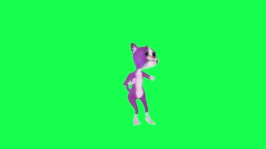 Mor 3 boyutlu karikatür şeytan ağzı dans ediyor ve yeşil ekran üzerinde ters açıdan dönüyor. Arka planda yürüyen 3 boyutlu insanlar krom anahtar görsel efekt animasyonu