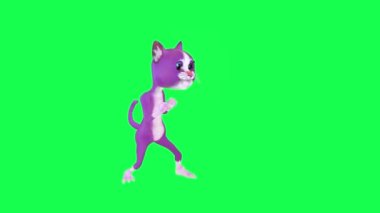 Mor 3 boyutlu kedi dövüşü ve tekmesi yeşil ekran üzerinde yürüyen 3 boyutlu insanlar arka plan krom anahtar görsel efekt animasyonu