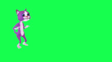Güzel bir mor 3D animasyon kedisi aniden yerde yeşil ekranın sol tarafından bir şey bulur. Arka planda yürüyen üç boyutlu insanlar görsel efekt animasyonu.