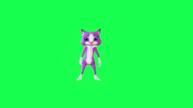 3D mor kedi mutlu ve gururlu. Yeşil ekranda zıt açıyla 3D insanlar arka planda yürüyor. Krom anahtar görsel efekt animasyonu
