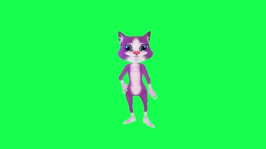 Mor 3D animasyon kedi, yeşil ekranda el ve ayakla dans ediyor. Arka planda yürüyen 3 boyutlu insanlar. Görsel efekt animasyonu.