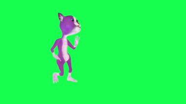 Mor 3 boyutlu çizgi film kedisi yeşil ekranda sol açıdan dans ediyor. Arka planda yürüyen 3 boyutlu insanlar. Görsel efekt animasyonu.