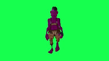 3D mor uzay adamı madencisi yeşil ekranda ön açıdan yürüyor. Arka planda yürüyen 3 boyutlu insanlar krom anahtar görsel efekt animasyonu