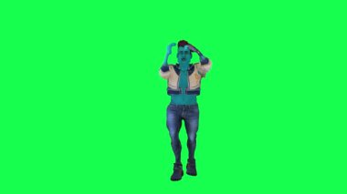 3 boyutlu uzay mavisi animasyon adam dans ediyor ve kollarını ve bacaklarını yeşil ekran üzerinde sola doğru sallıyor. 3 boyutlu insanlar arka planda yürüyor. Görsel efekt animasyonu