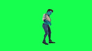 Uzay animasyonlu mavi ve beyaz takım elbiseli adam yeşil ekranda sol açıdan dans ediyor. Arka planda yürüyen üç boyutlu insanlar krom anahtar görsel efekt animasyonu.