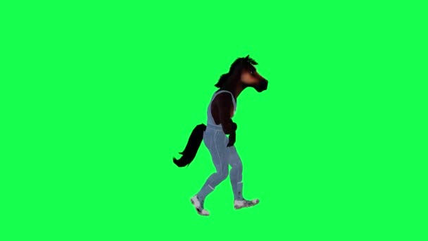 受伤的3D卡通画工作马在绿色屏幕上跑来跑去 从左角撞到一个物体3D人走在后台彩色键视觉效果动画上 — 图库视频影像