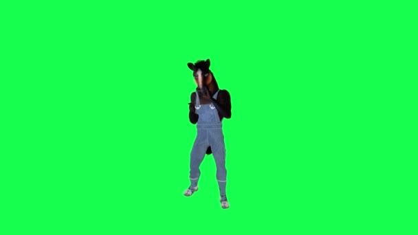 3D漫画作業馬 グリーンスクリーン上のフロント角度からラッピング 人歩く背景クロマキービジュアルエフェクトアニメーション — ストック動画