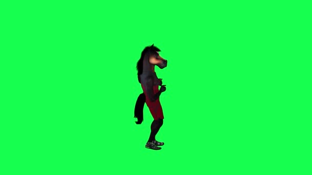 ブラウン3D話すアニメーション馬は 緑の画面上の左角度から驚かれる 3Dの人々 背景クロマキービジュアルエフェクトアニメーション — ストック動画