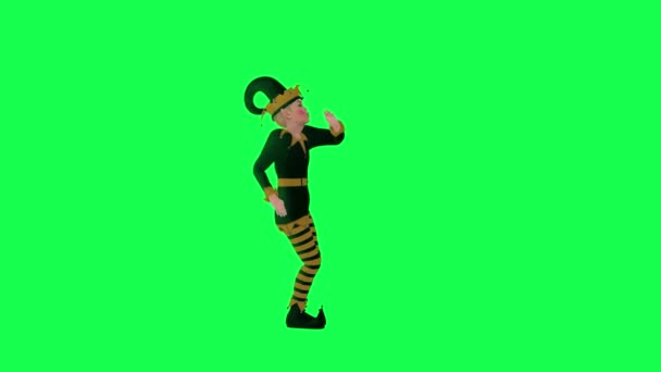 3D动画小丑 身穿黄色和绿色服装 从左边的角度在绿色屏幕上跳舞3D人走着背景色彩键视觉效果动画 — 图库视频影像