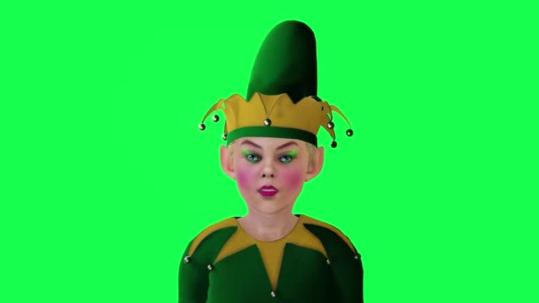 新年派对小丑精灵身穿绿色和黄色衣服在绿色屏幕上说话3D人走着背景色关键视觉效果动画 — 图库视频影像