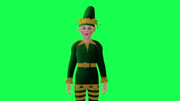 3D动画小丑从前面的角度在绿色屏幕上说话3D人走在后台彩色键视觉效果动画 — 图库视频影像