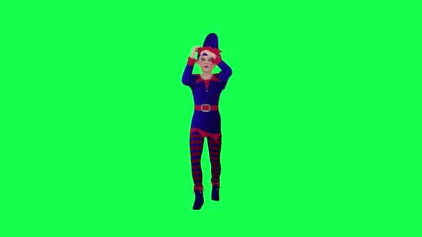 Kreslený Elf Klaun Červených Modrých Šatech Tanec Šťastný Levého Úhlu — Stock video