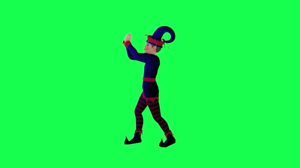 3D卡通人物小丑身穿红蓝连衣裙 快乐地从前面的角度在绿屏上跳着3D人走着背景色关键视觉效果动画 — 图库视频影像