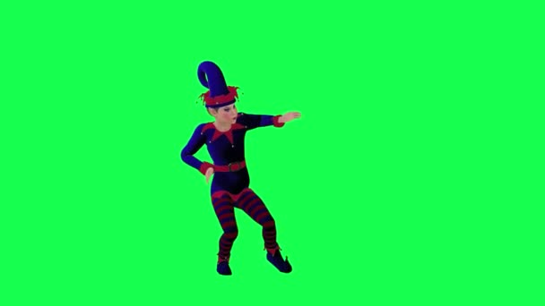 3D漫画エルフは 緑の画面上のフロント角度からサンバダンスを行う赤い青いドレスでクラウン 3D人歩く背景クロマキービジュアルエフェクトアニメーション — ストック動画
