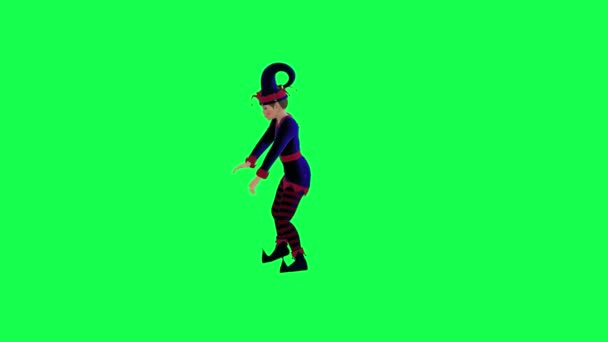 3D动画小精灵小丑穿着红色蓝色衣服从直角跳到绿色屏幕上的机器人嘻哈3D人走在后台彩色键视觉效果动画 — 图库视频影像