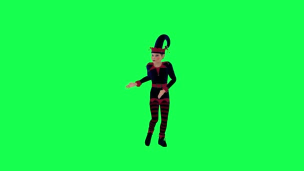 3D动画小精灵小丑 身穿红色蓝色衣服 在绿色屏幕上从直角跳萨尔萨舞3D人行背景彩色键视觉效果动画 — 图库视频影像