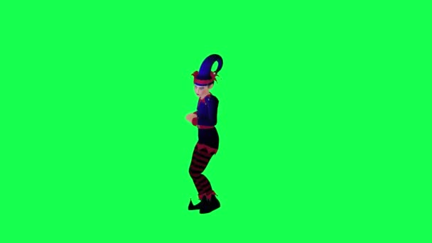小丑精灵穿着红色蓝色连衣裙跳舞 在绿色屏幕上从前角转向北方3D人走着背景色关键视觉效果动画 — 图库视频影像