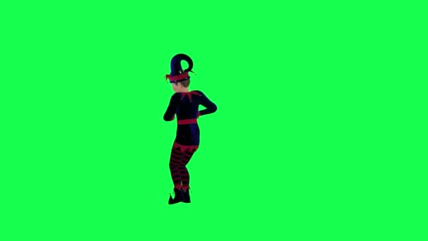 赤いブルーのドレスダンスでクラウンエルフを踊り 緑のスクリーン3Dの人々がバックグラウンドクロマキービジュアルエフェクトアニメーションを歩いている右の角度から北に回転 — ストック動画