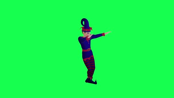 3D动画新年小丑小精灵穿着红色蓝色连衣裙从左角跳萨尔萨舞在绿色屏幕上3D人行走背景彩色键视觉效果动画 — 图库视频影像