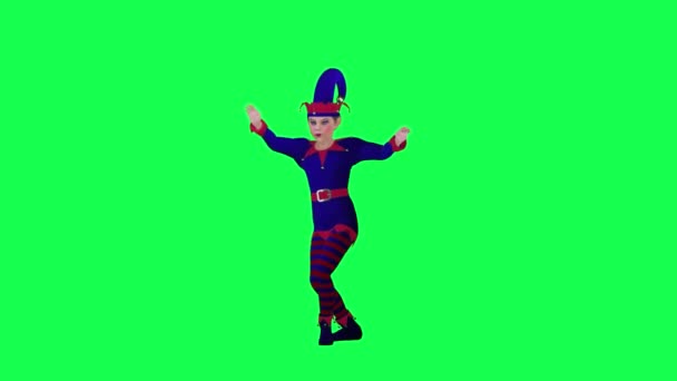 3D动画新年小丑小精灵穿着红色蓝色连衣裙从正面在绿色屏幕上跳萨尔萨舞3D人走背景色关键视觉效果动画 — 图库视频影像