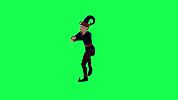 3D动画新年小精灵穿红蓝连衣裙从直角跳嘻哈在绿屏上3D人走背景色关键视觉效果动画 — 图库视频影像