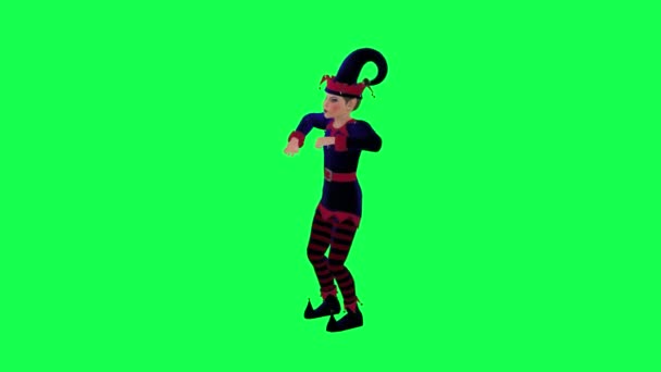 3D动画小丑精灵身穿红色蓝色连衣裙 与朋友欢呼雀跃 从直角跳起 在绿色荧幕上走着的3D动画人背景色关键视觉效果动画 — 图库视频影像