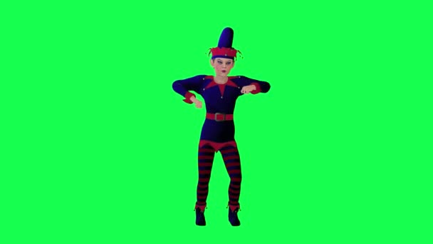 Geanimeerde Clown Elf Rood Blauwe Jurk Juichen Vrienden Dansen Vanuit — Stockvideo