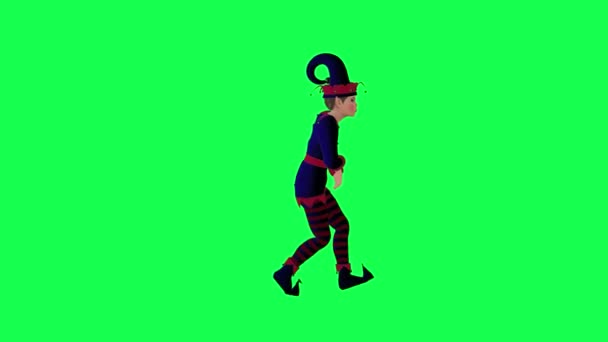3D动画小丑小精灵身穿红色蓝色连衣裙 左下角撞到墙上的绿色屏幕3D人行背景彩绘键视觉效果动画 — 图库视频影像