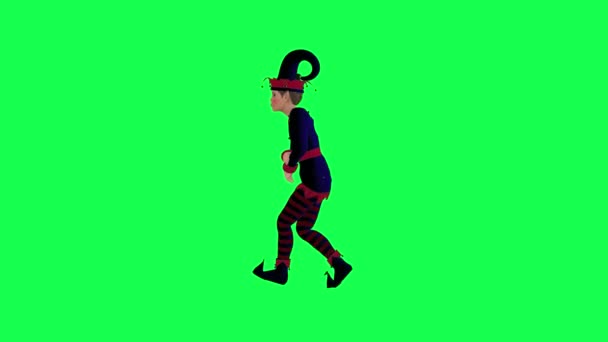 3D动画小丑小精灵身穿红色蓝色连衣裙 身负重伤 从直角撞到墙上的绿屏3D人行背景彩绘键视觉效果动画 — 图库视频影像