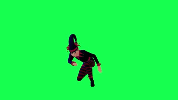 3D动画小丑小精灵身穿红色西服 从相反的角度向绿色屏幕扔出一枚快乐手榴弹 3D人走在后台彩色键视觉效果动画 — 图库视频影像
