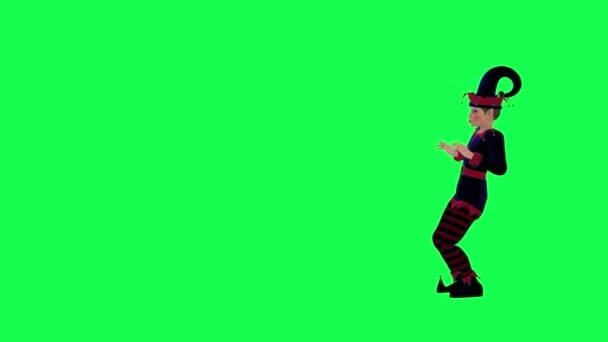 Анімований Клоун Ельф Синьо Червоній Сукні Раптом Знаходить Щось Землі — стокове відео