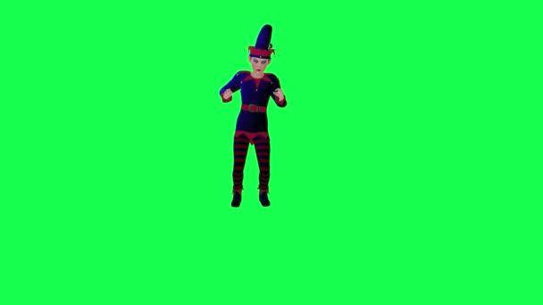 一个身穿蓝色红色衣服的3D动画小丑精灵突然在地上发现了什么 并从前面的绿色屏幕上拿起了它 3D人行背景图彩色键视觉效果动画 — 图库视频影像