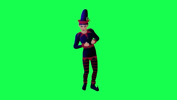 3D卡通精灵身穿红色蓝色连衣裙 从前面的角度惊喜交集在绿色屏幕上 3D人走在背景彩色键视觉效果动画上 — 图库视频影像