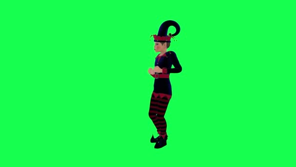3D卡通精灵身穿红色蓝色连衣裙 从直角出发 在绿色屏幕上惊喜而快乐3D人走着 背景色键视觉效果动画 — 图库视频影像