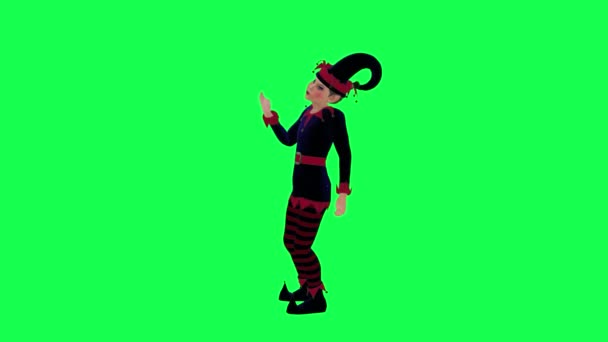 3D卡通精灵身穿红蓝色衣服在炎热的天气里从直角在绿色屏幕上等待3D人走着背景色关键视觉效果动画 — 图库视频影像