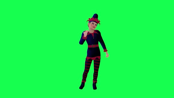3D卡通精灵身穿红蓝色衣服在炎热的天气里从前角在绿色屏幕上等待3D人走着背景色关键视觉效果动画 — 图库视频影像