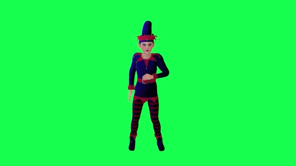 3D动画小精灵身穿红色蓝色衣服 在绿色屏幕上喝着酒精 3D人走在后台 彩色键视觉效果动画 — 图库视频影像